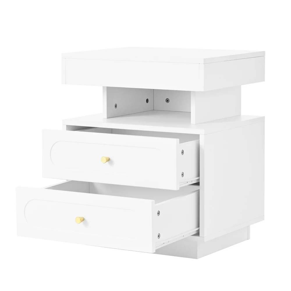 PINGGO LED Nightstand 2 Drawers 1 Open Storage Space White Bedside Cabinet Size 100x40x60cm Bedroom Furniture