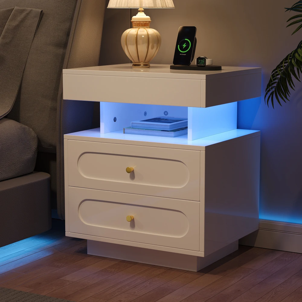 PINGGO LED Nightstand 2 Drawers 1 Open Storage Space White Bedside Cabinet Size 100x40x60cm Bedroom Furniture