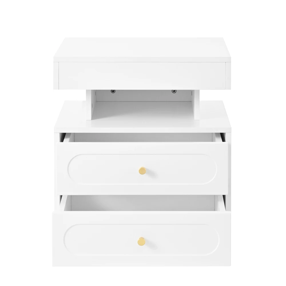 PINGGO LED Nightstand 2 Drawers 1 Open Storage Space White Bedside Cabinet Size 100x40x60cm Bedroom Furniture