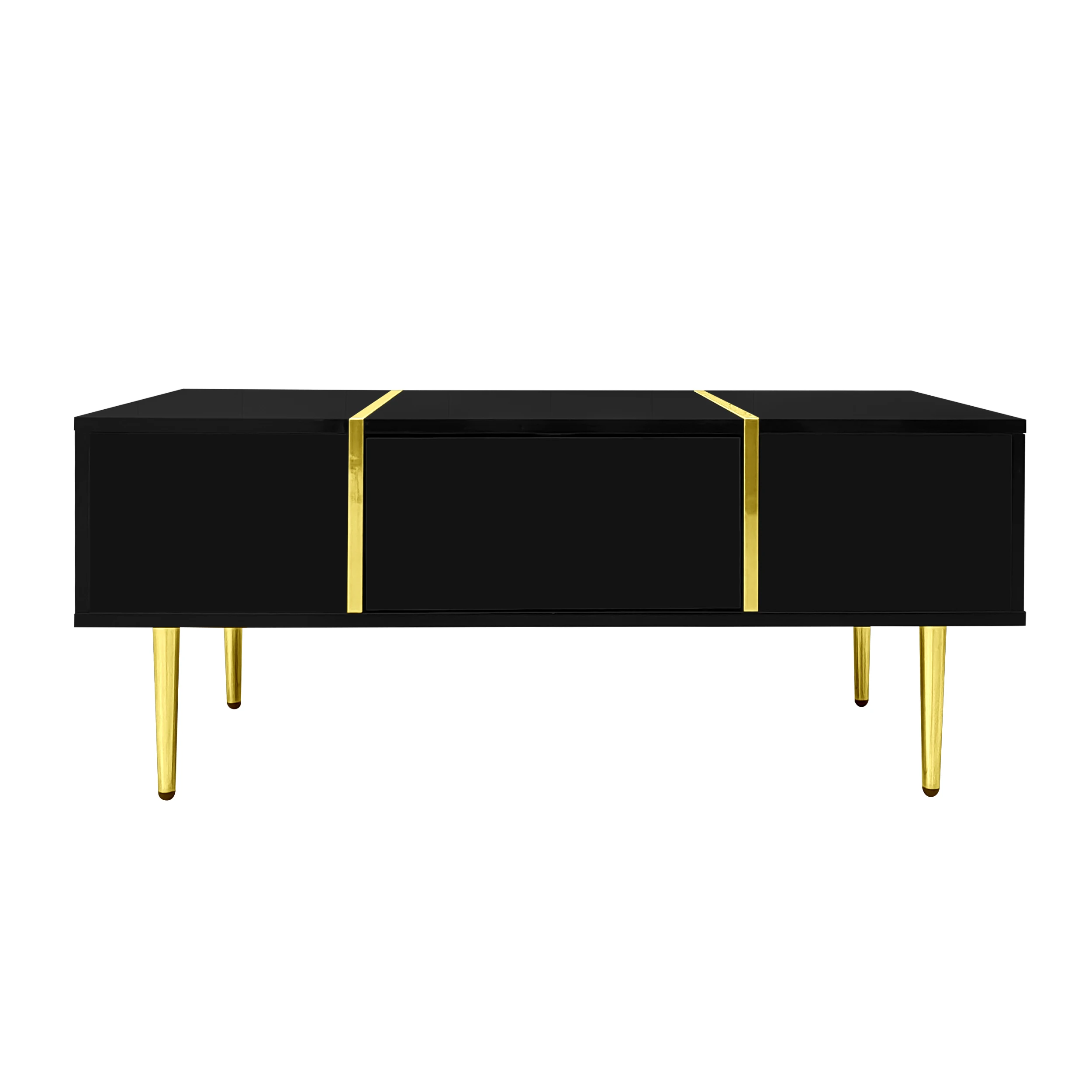 PINGGO Black High Gloss Modern Coffee Table with 2 Drawers Living Room Furniture Storage Ottoman Rectangle Shape