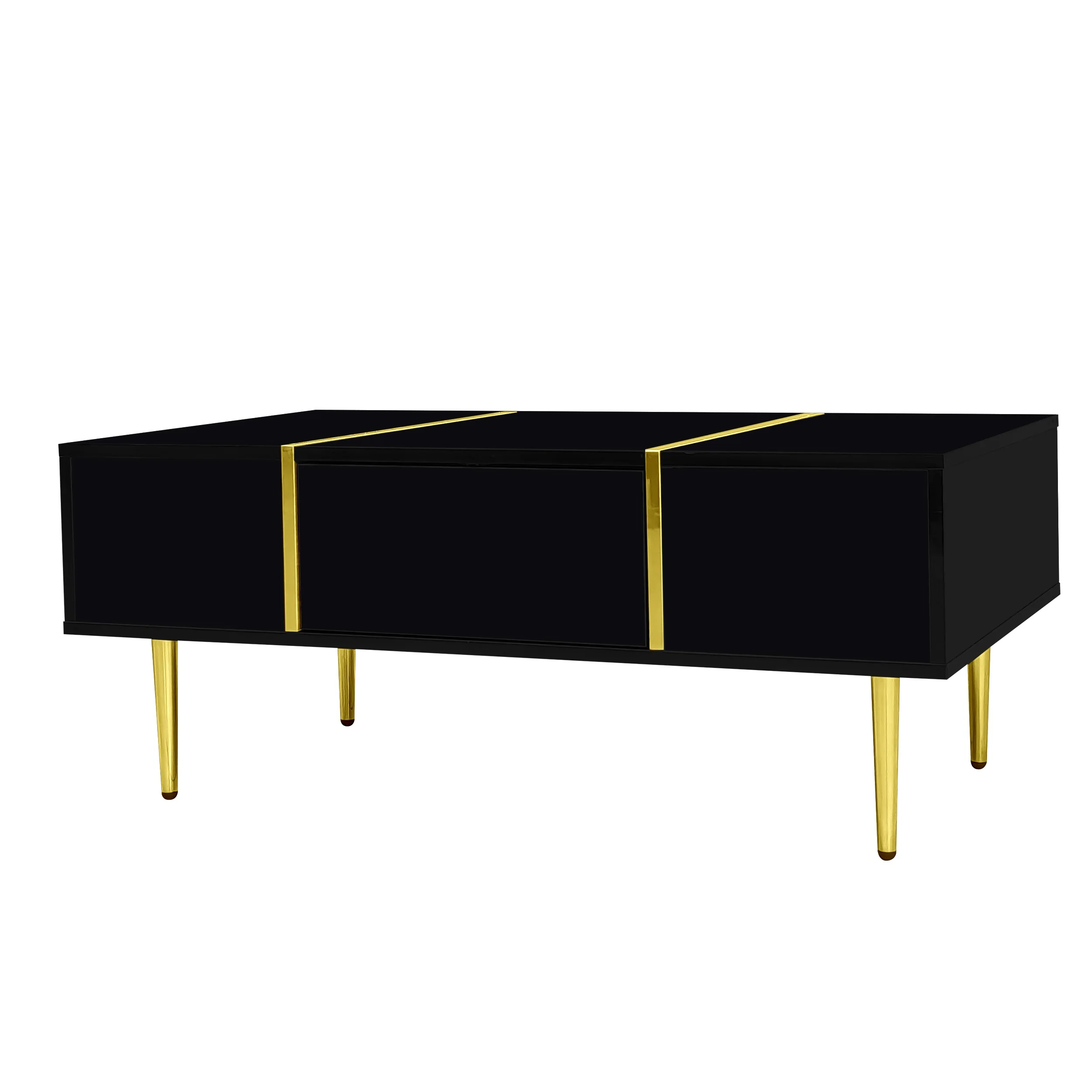 PINGGO Black High Gloss Modern Coffee Table with 2 Drawers Living Room Furniture Storage Ottoman Rectangle Shape