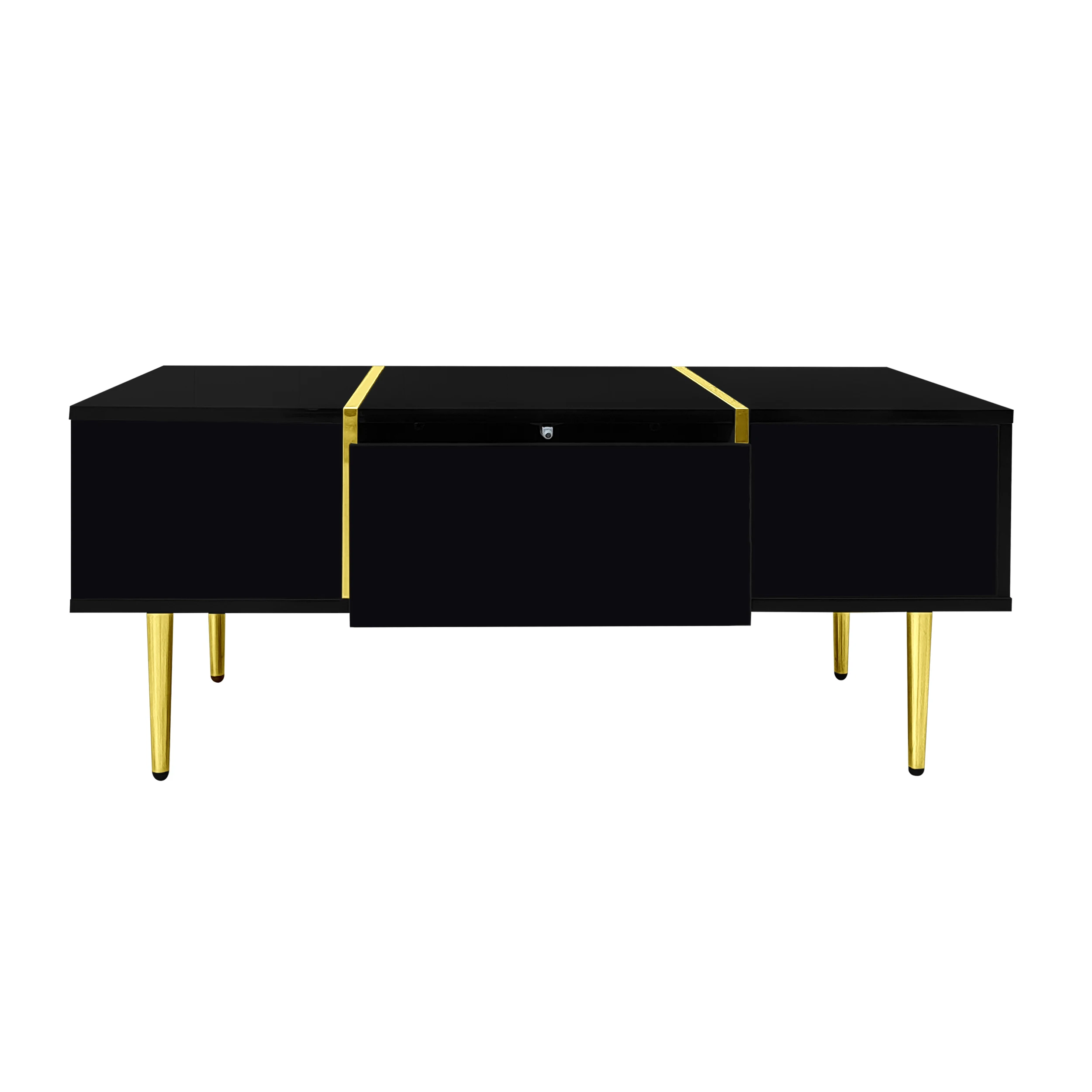PINGGO Black High Gloss Modern Coffee Table with 2 Drawers Living Room Furniture Storage Ottoman Rectangle Shape