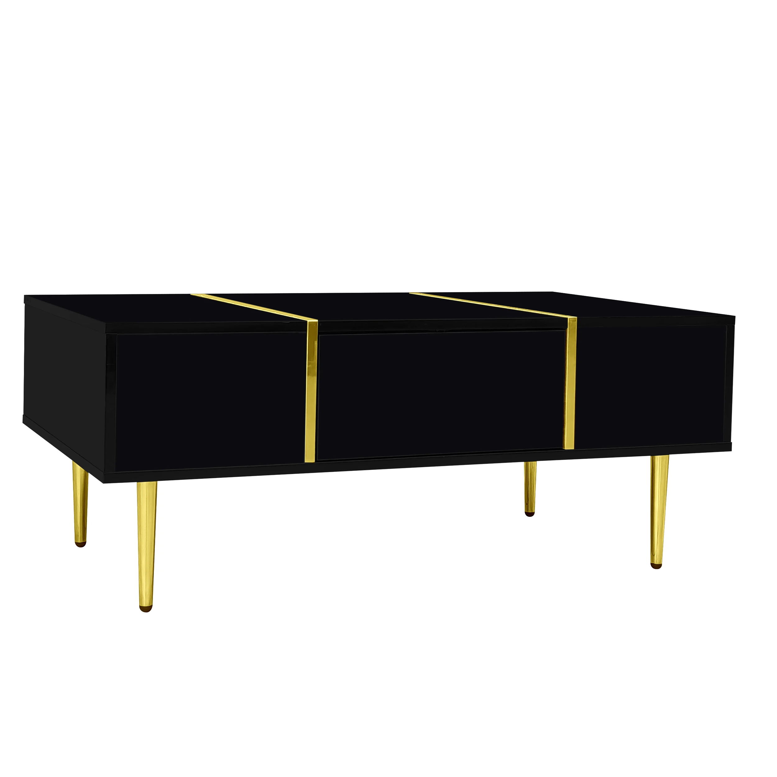 PINGGO Black High Gloss Modern Coffee Table with 2 Drawers Living Room Furniture Storage Ottoman Rectangle Shape