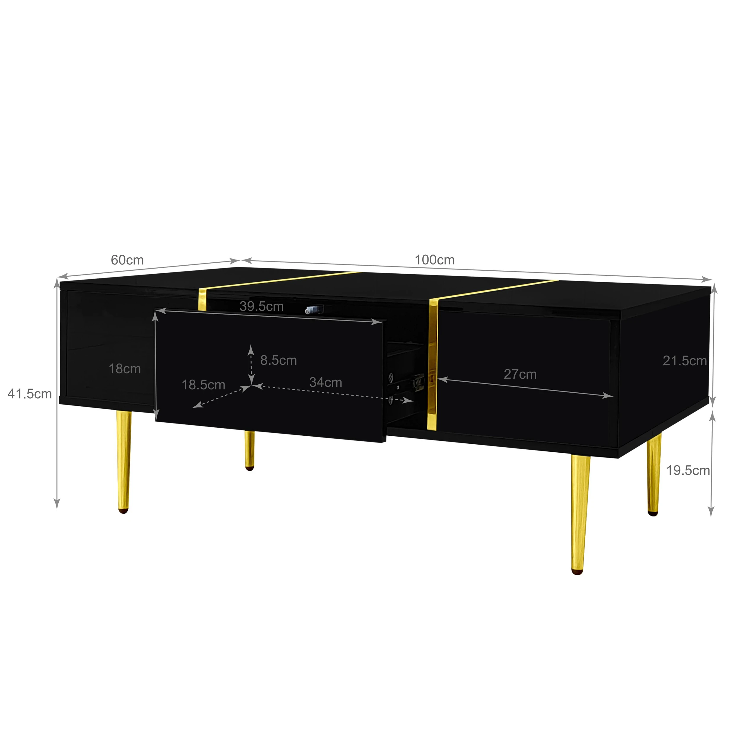 PINGGO Black High Gloss Modern Coffee Table with 2 Drawers Living Room Furniture Storage Ottoman Rectangle Shape