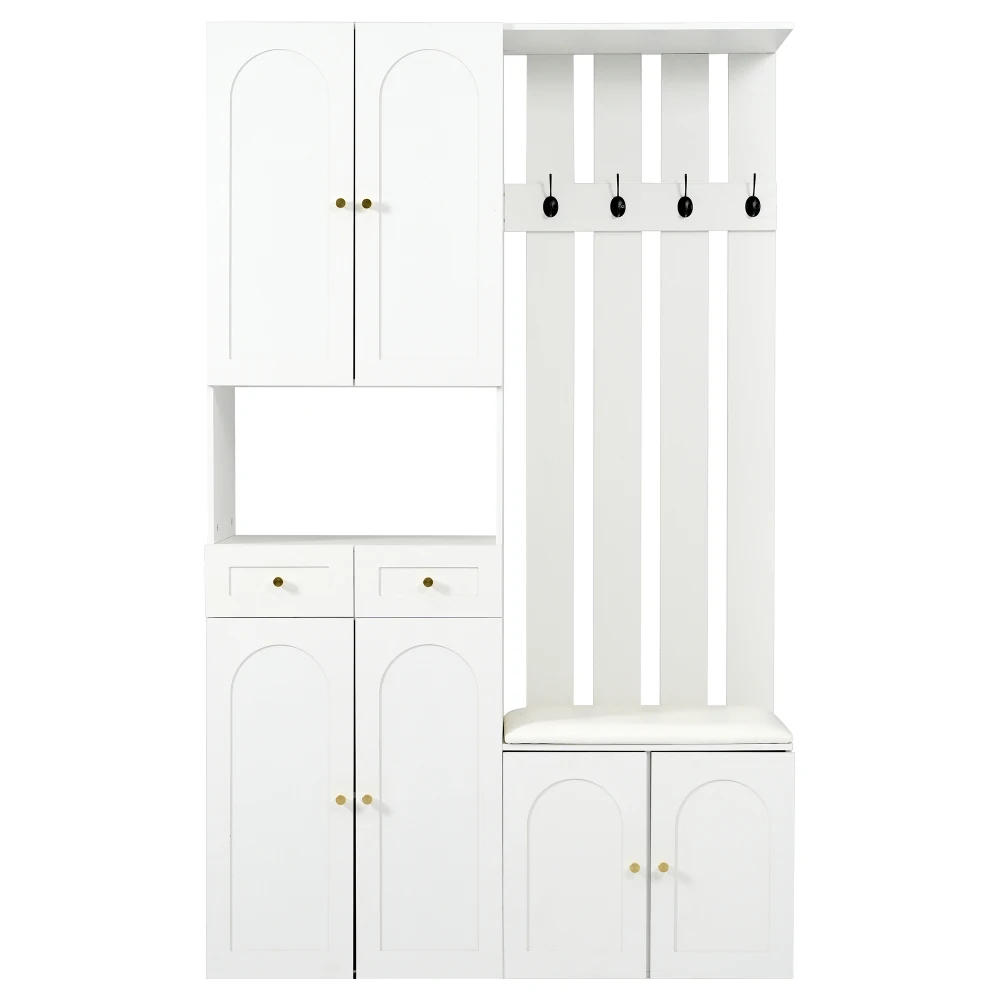 PINGGO Wardrobe Set Wall Wardrobe With Shoe Bench 4 Hooks 6 Doors 2 Drawers White Hallway Furniture 110x180x37cm
