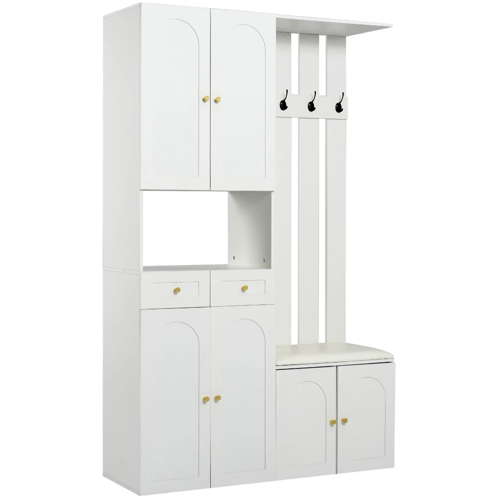 PINGGO Wardrobe Set Wall Wardrobe With Shoe Bench 4 Hooks 6 Doors 2 Drawers White Hallway Furniture 110x180x37cm