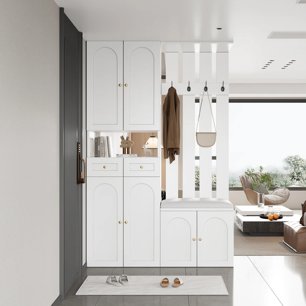 PINGGO Wardrobe Set Wall Wardrobe With Shoe Bench 4 Hooks 6 Doors 2 Drawers White Hallway Furniture 110x180x37cm