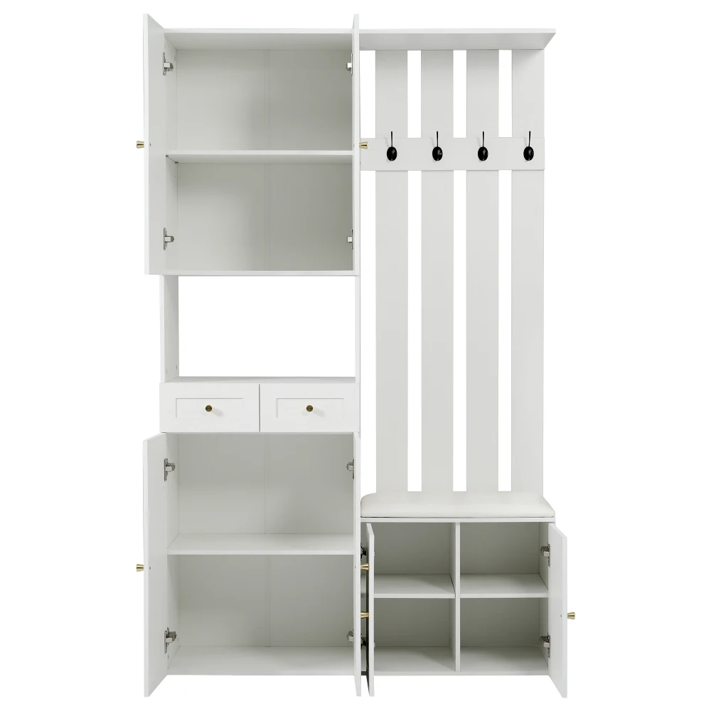 PINGGO Wardrobe Set Wall Wardrobe With Shoe Bench 4 Hooks 6 Doors 2 Drawers White Hallway Furniture 110x180x37cm