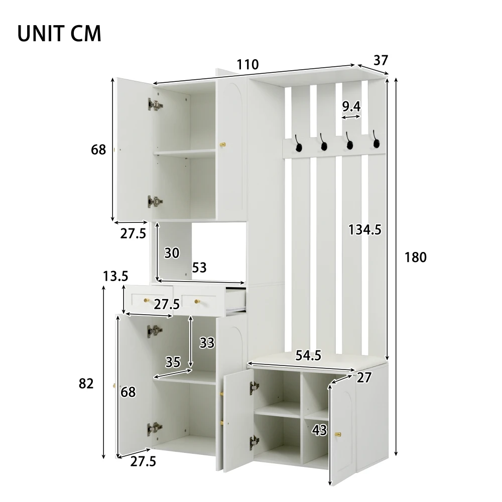 PINGGO Wardrobe Set Wall Wardrobe With Shoe Bench 4 Hooks 6 Doors 2 Drawers White Hallway Furniture 110x180x37cm