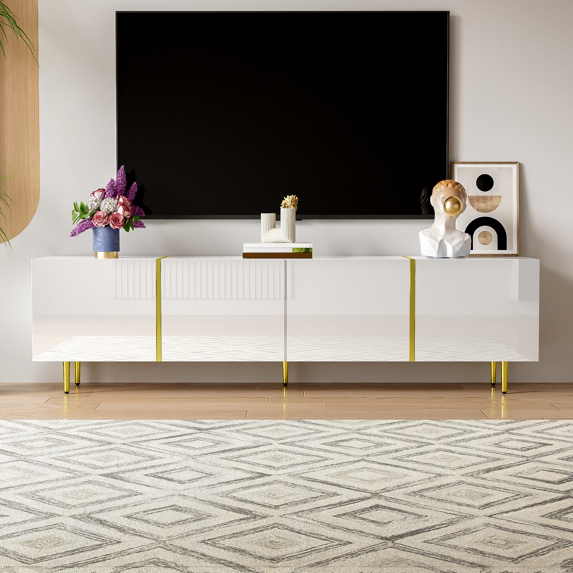 PINGGO Glossy TV Cabinet 170x35x46cm with Four Doors Modern And Elegant White Color