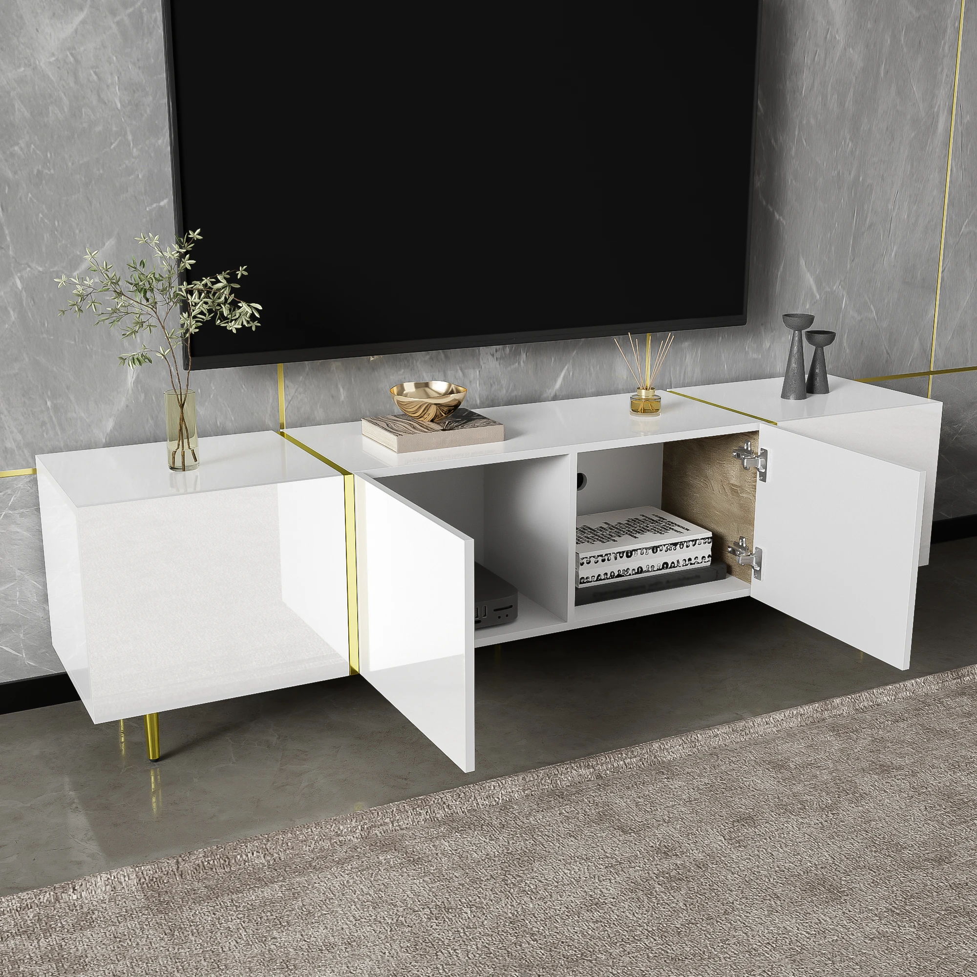PINGGO Glossy TV Cabinet 170x35x46cm with Four Doors Modern And Elegant White Color
