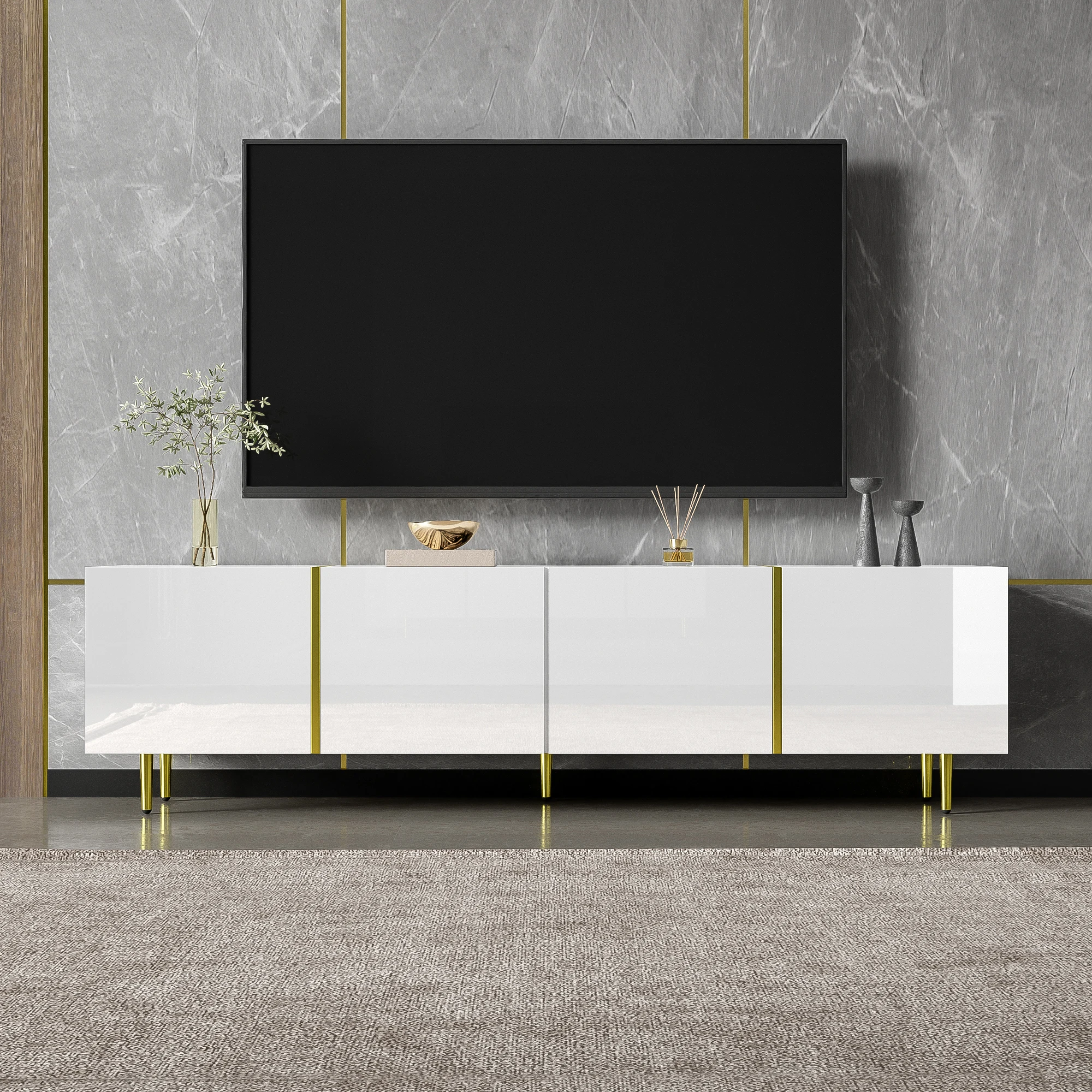 PINGGO Glossy TV Cabinet 170x35x46cm with Four Doors Modern And Elegant White Color
