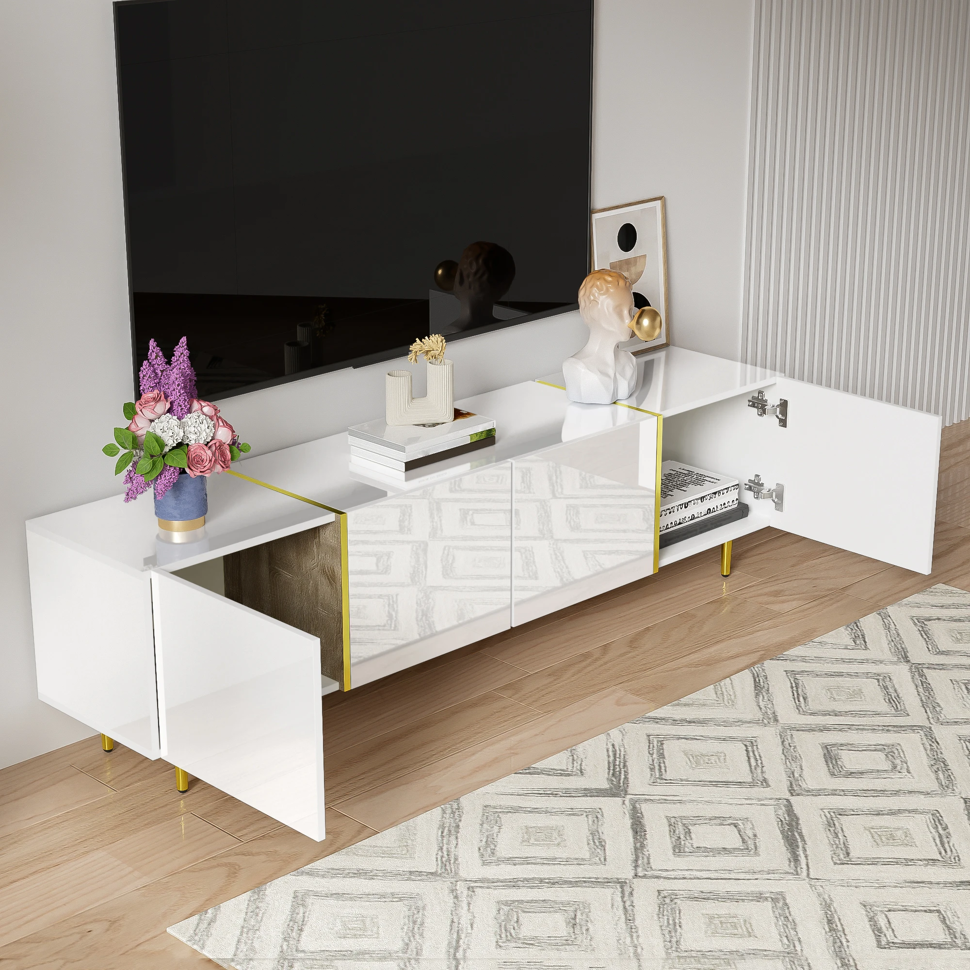 PINGGO Glossy TV Cabinet 170x35x46cm with Four Doors Modern And Elegant White Color
