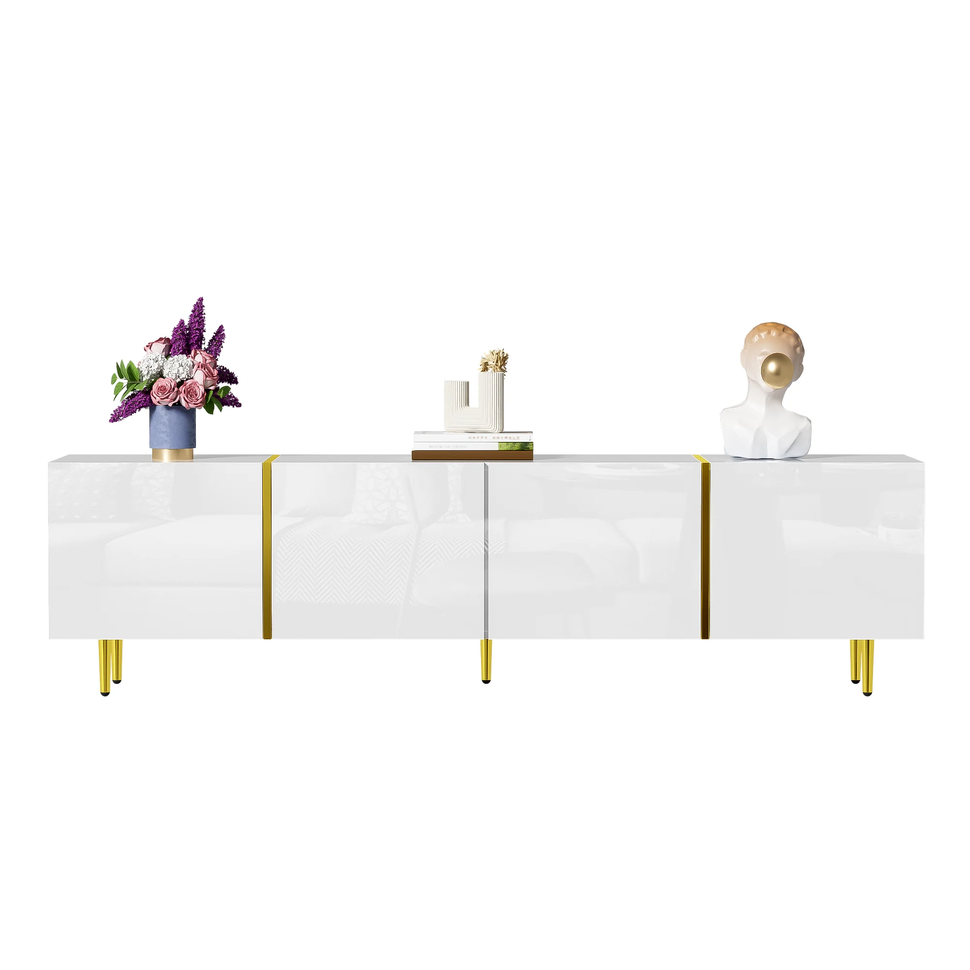 PINGGO Glossy TV Cabinet 170x35x46cm with Four Doors Modern And Elegant White Color