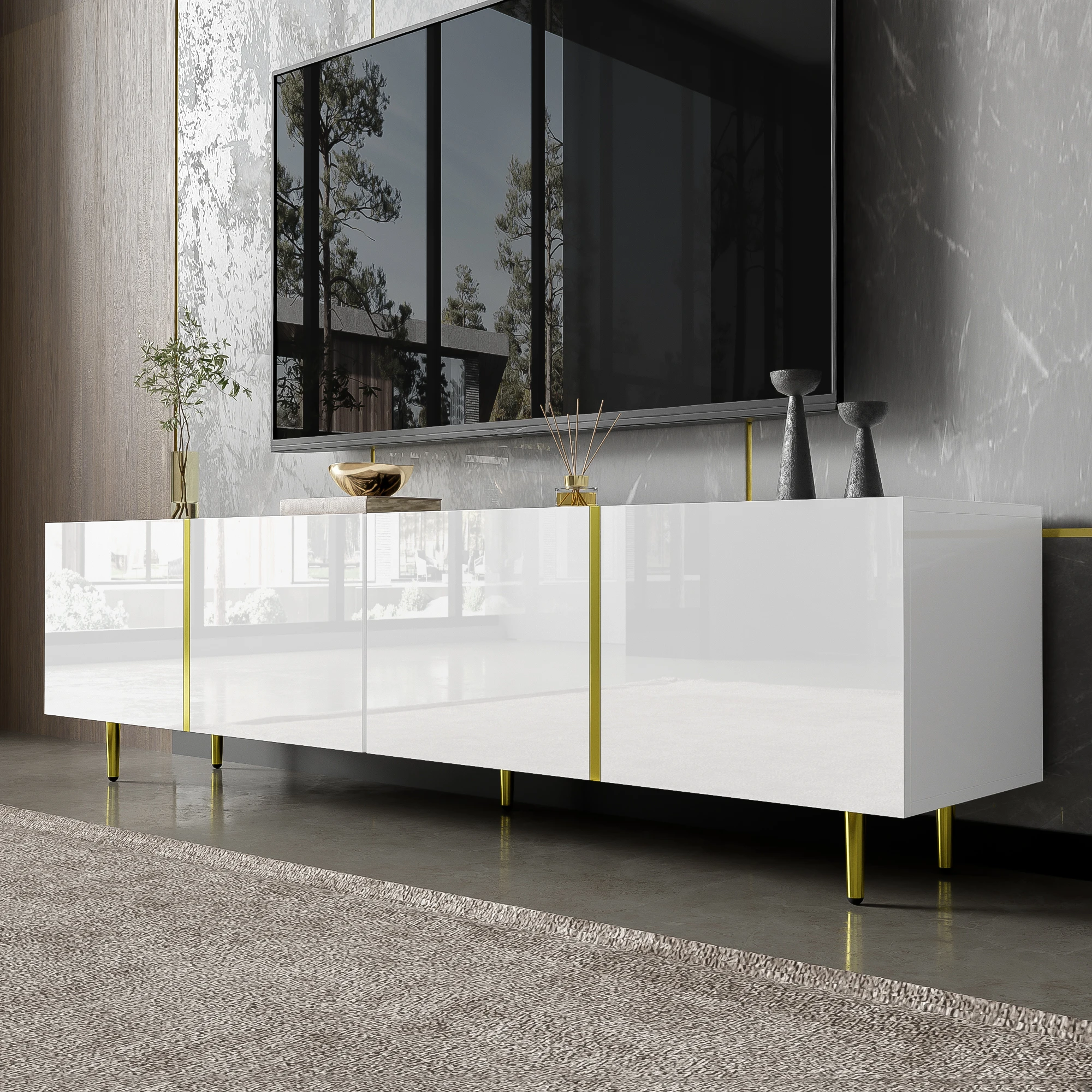 PINGGO Glossy TV Cabinet 170x35x46cm with Four Doors Modern And Elegant White Color
