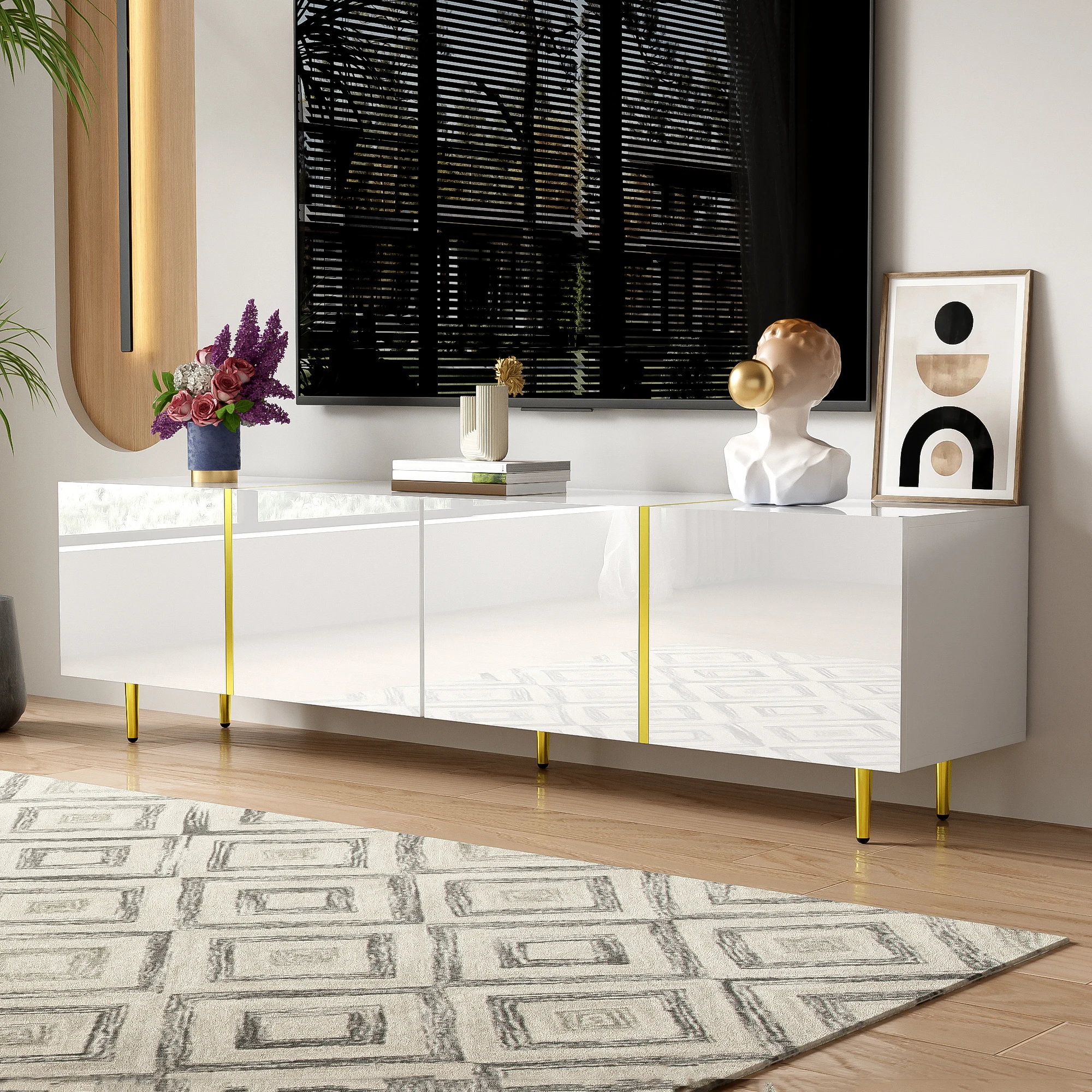 PINGGO Glossy TV Cabinet 170x35x46cm with Four Doors Modern And Elegant White Color