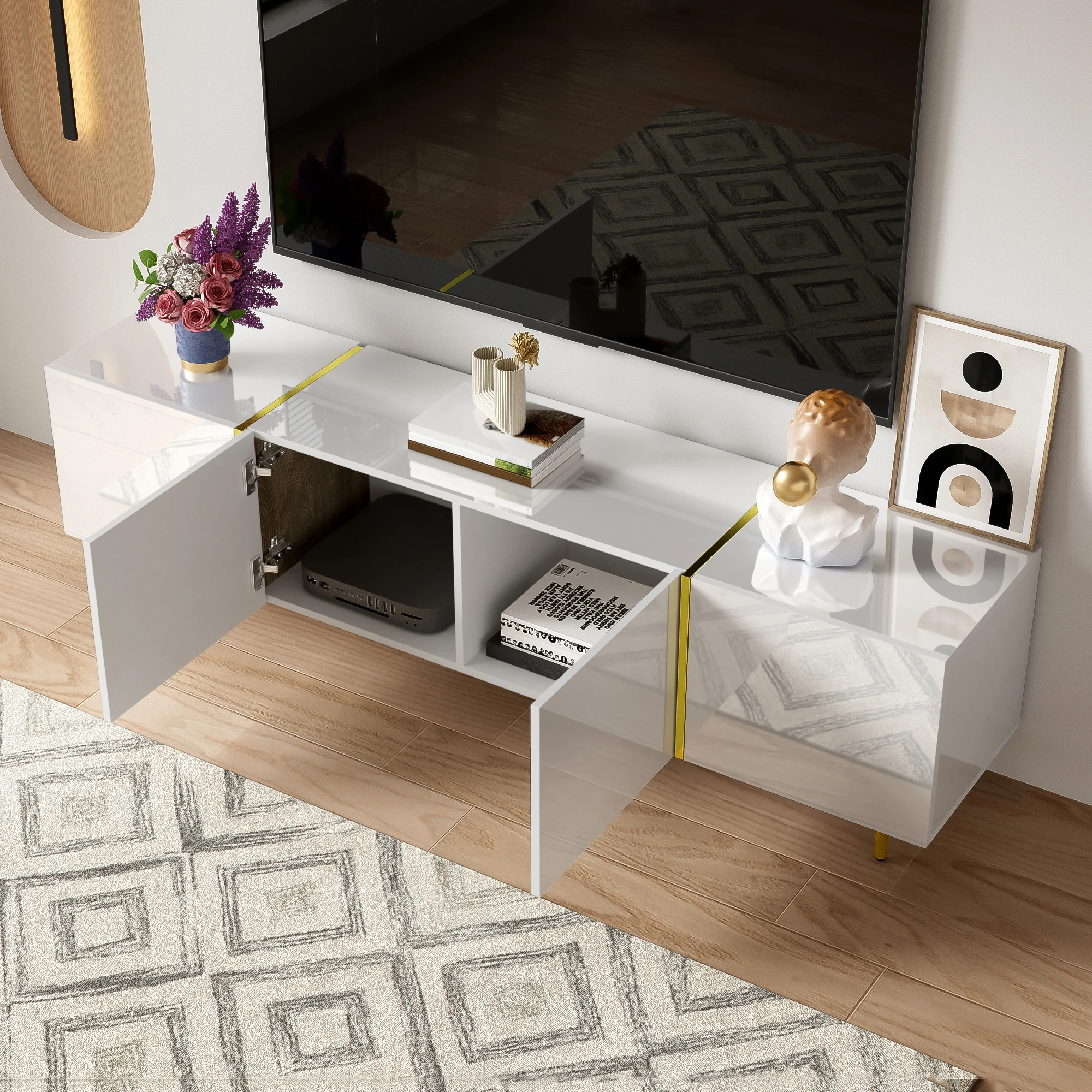PINGGO Glossy TV Cabinet 170x35x46cm with Four Doors Modern And Elegant White Color