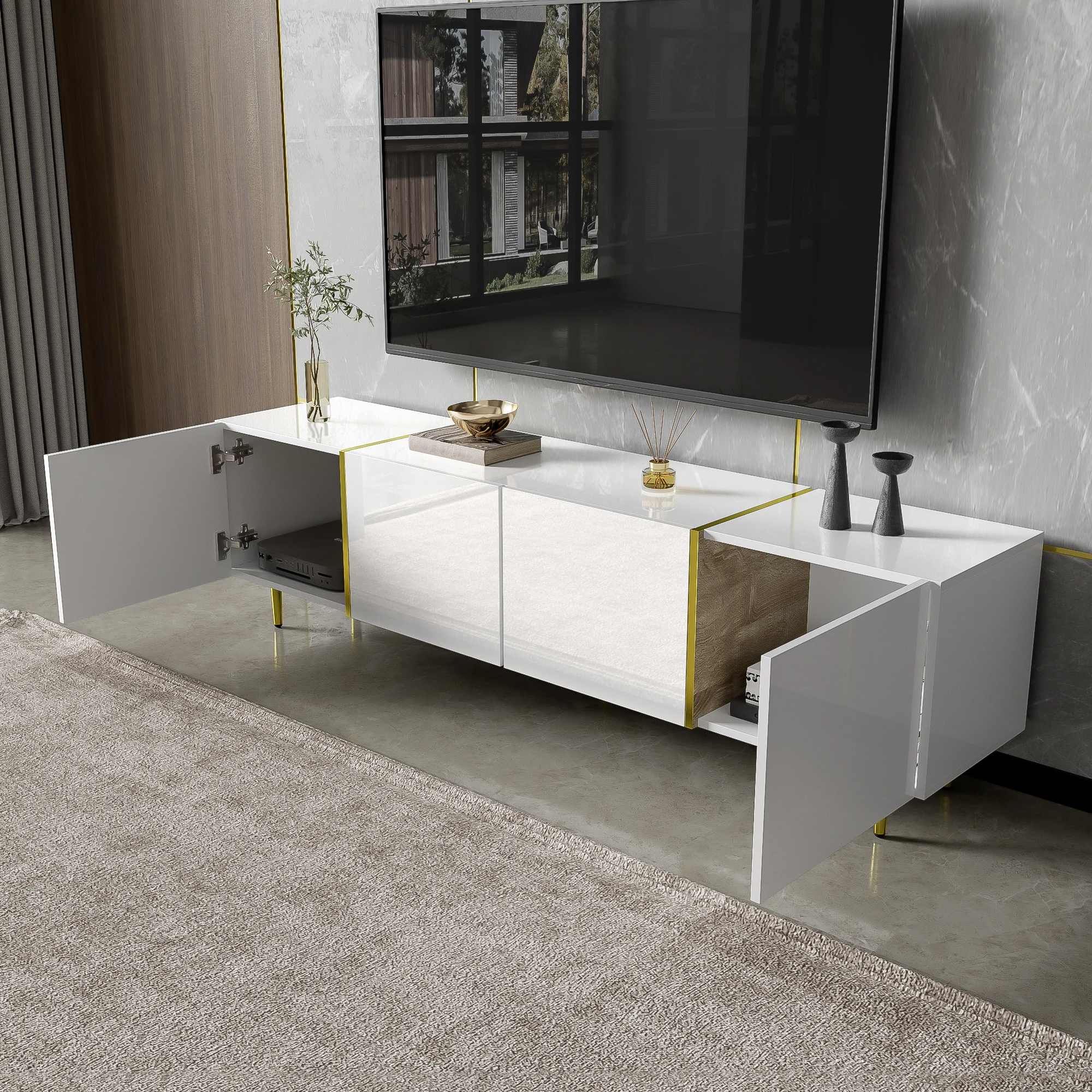 PINGGO Glossy TV Cabinet 170x35x46cm with Four Doors Modern And Elegant White Color