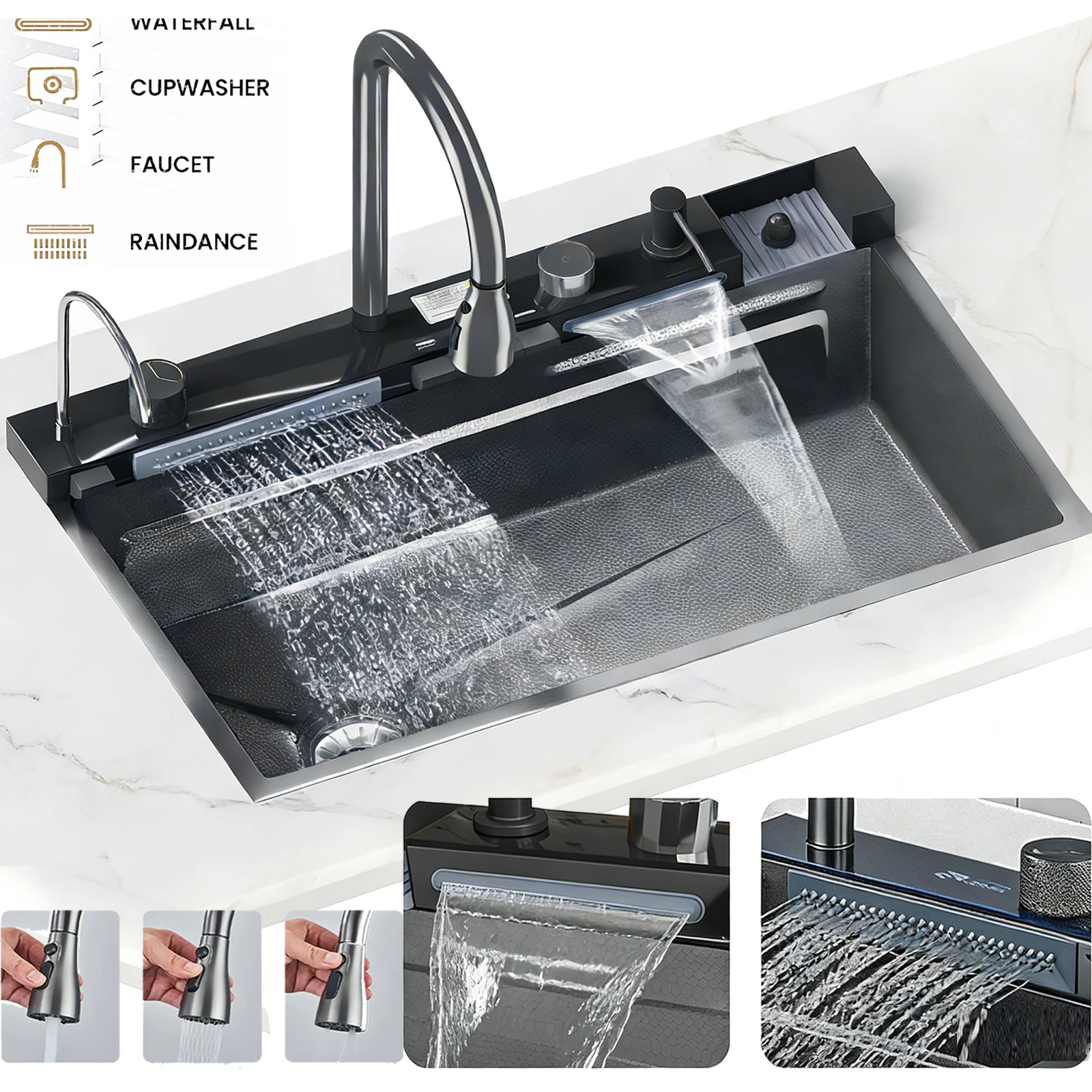 304 Stainless Steel Waterfall Kitchen Sink Large Single Slot Integrated Digital Display Faucet Set Soap Dispenser Cup Washer