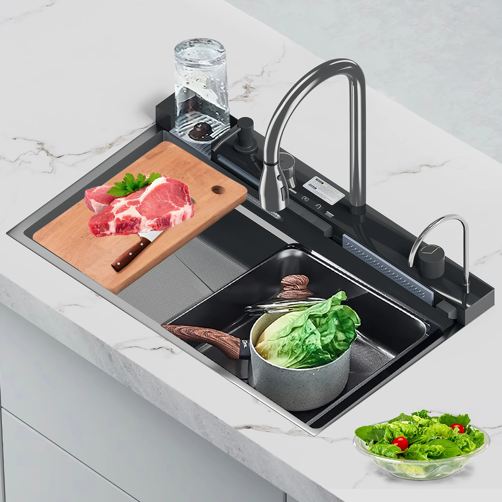 304 Stainless Steel Waterfall Kitchen Sink Large Single Slot Integrated Digital Display Faucet Set Soap Dispenser Cup Washer