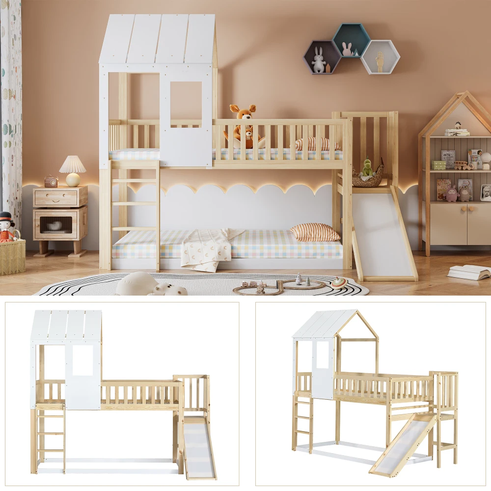 Multifunctional Kids House Bunk Bed with Slide, Children Bed with Roof Window & Safety Parachute Grille, 90x200cm