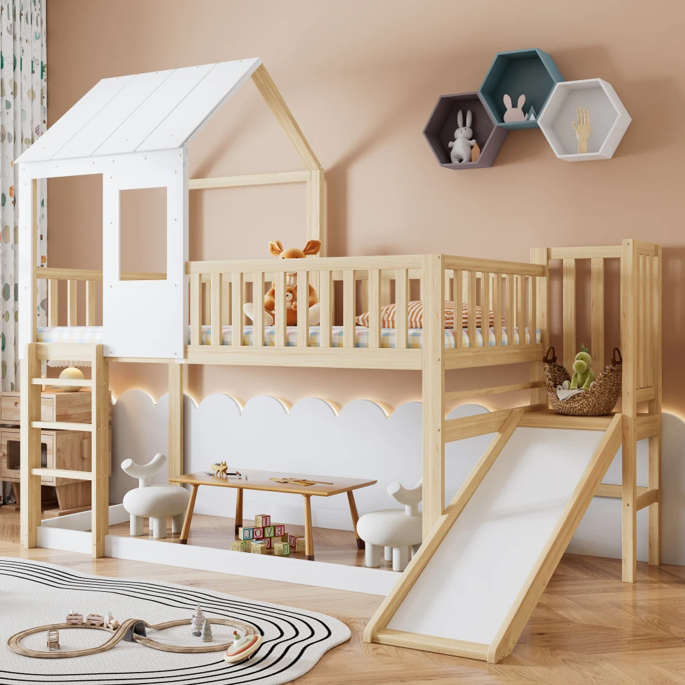 Multifunctional Kids House Bunk Bed with Slide, Children Bed with Roof Window & Safety Parachute Grille, 90x200cm