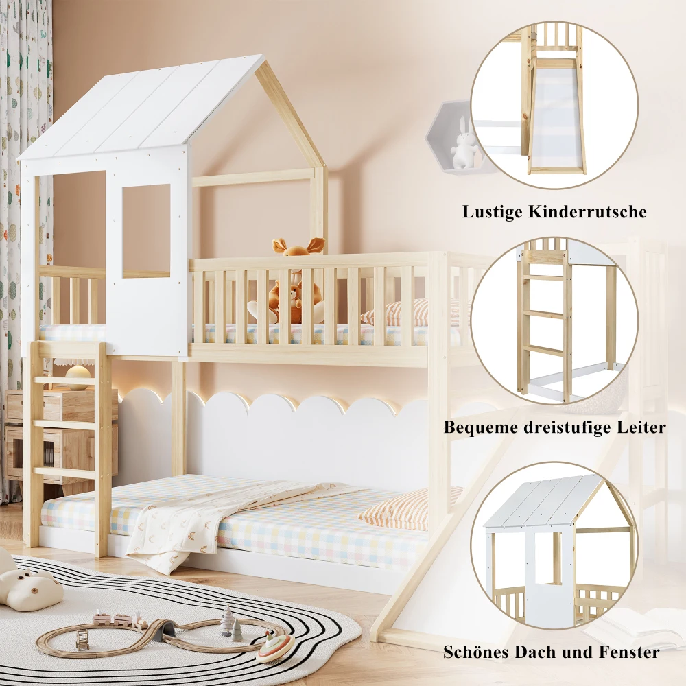 Multifunctional Kids House Bunk Bed with Slide, Children Bed with Roof Window & Safety Parachute Grille, 90x200cm