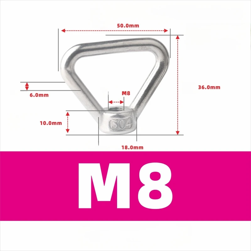 Stainless Steel Triangular Lifting Eye Nut, Threaded Ring Assembly, Suitable for Handle Bolts, M8, M10