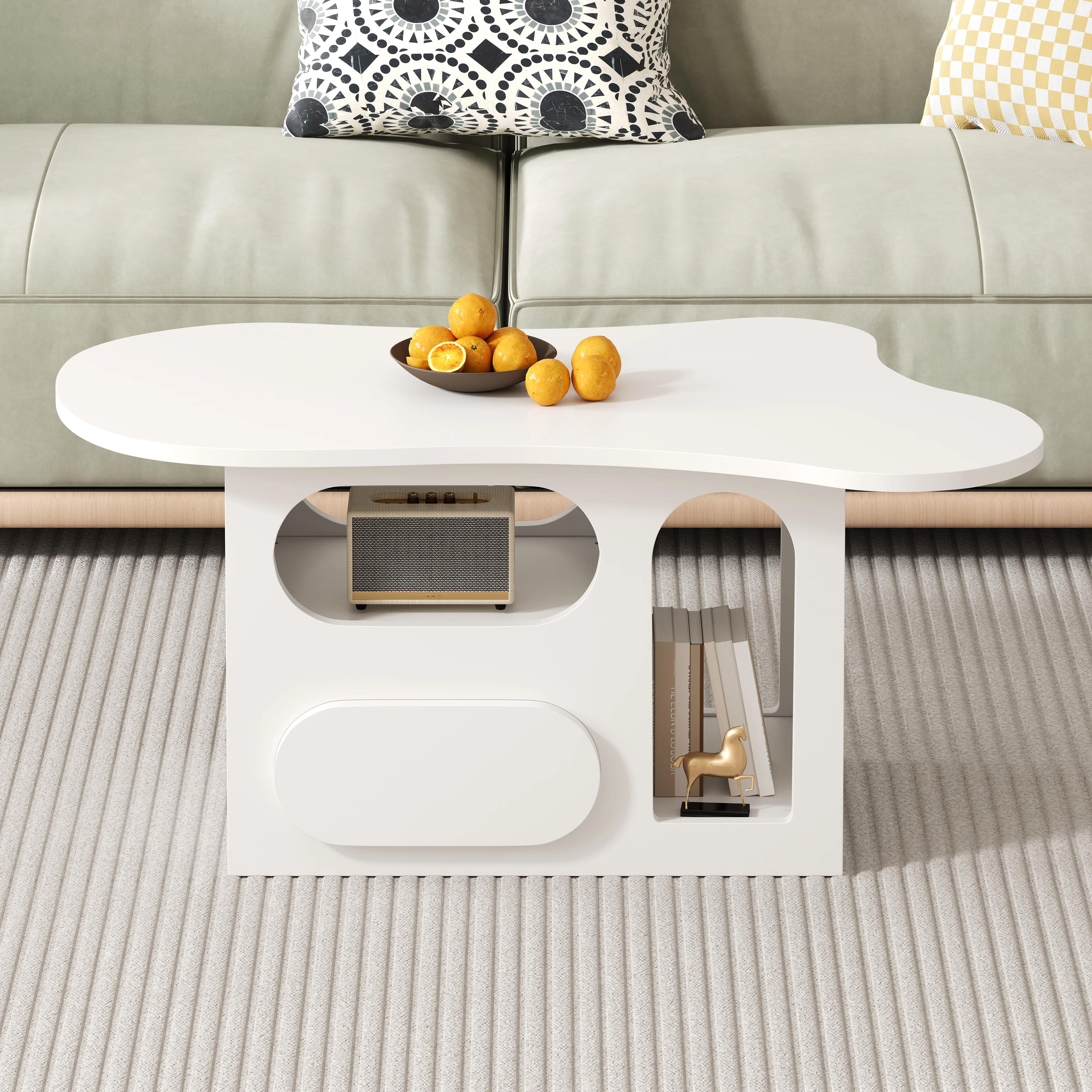 PINGGO Cloud-Shaped Coffee Table 97x45x43.5cm with Drawers Open Storage Compartments Living Room Furniture