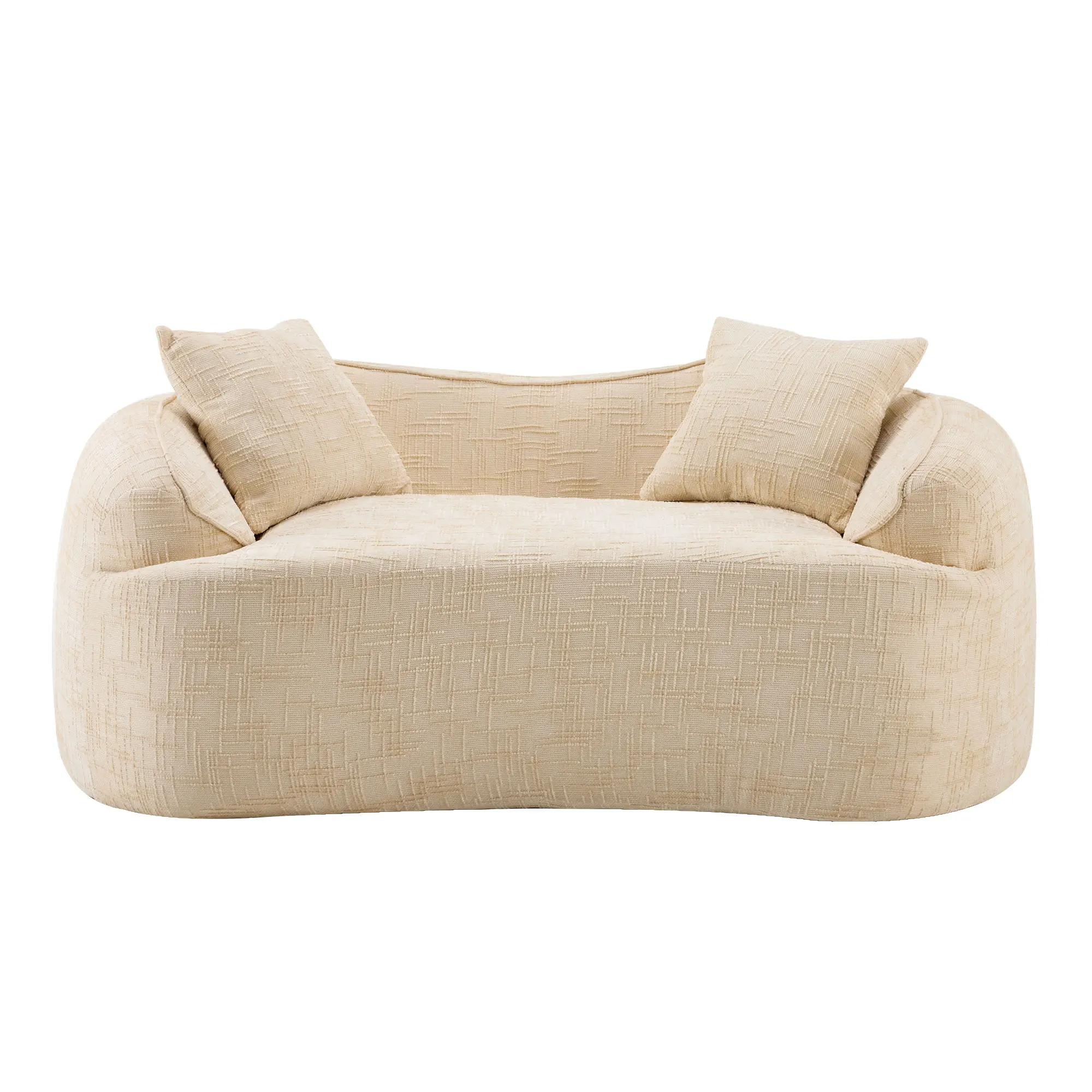 PINGGO Curved 2-Seater Sofa with Armrests, Cream Compression Sofa with 2 Pillows, No Assembly Required for Living Room Bedroom