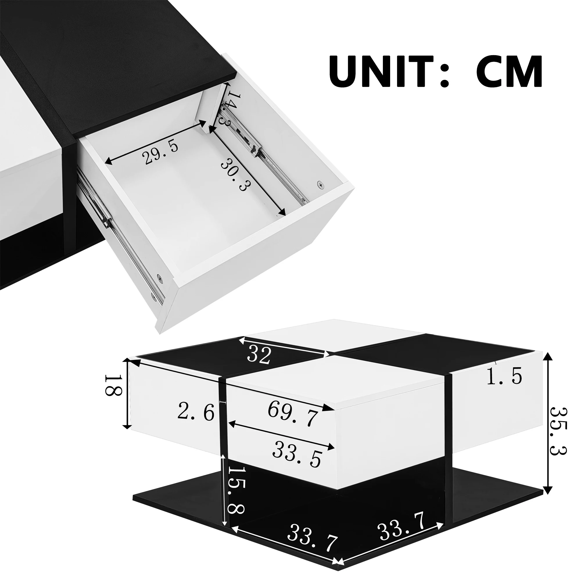 PINGGO Modern High-Gloss Coffee Table Black/White 2 Soft-Close Drawers 70x70x35.5cm Square Design Living Room Storage Table