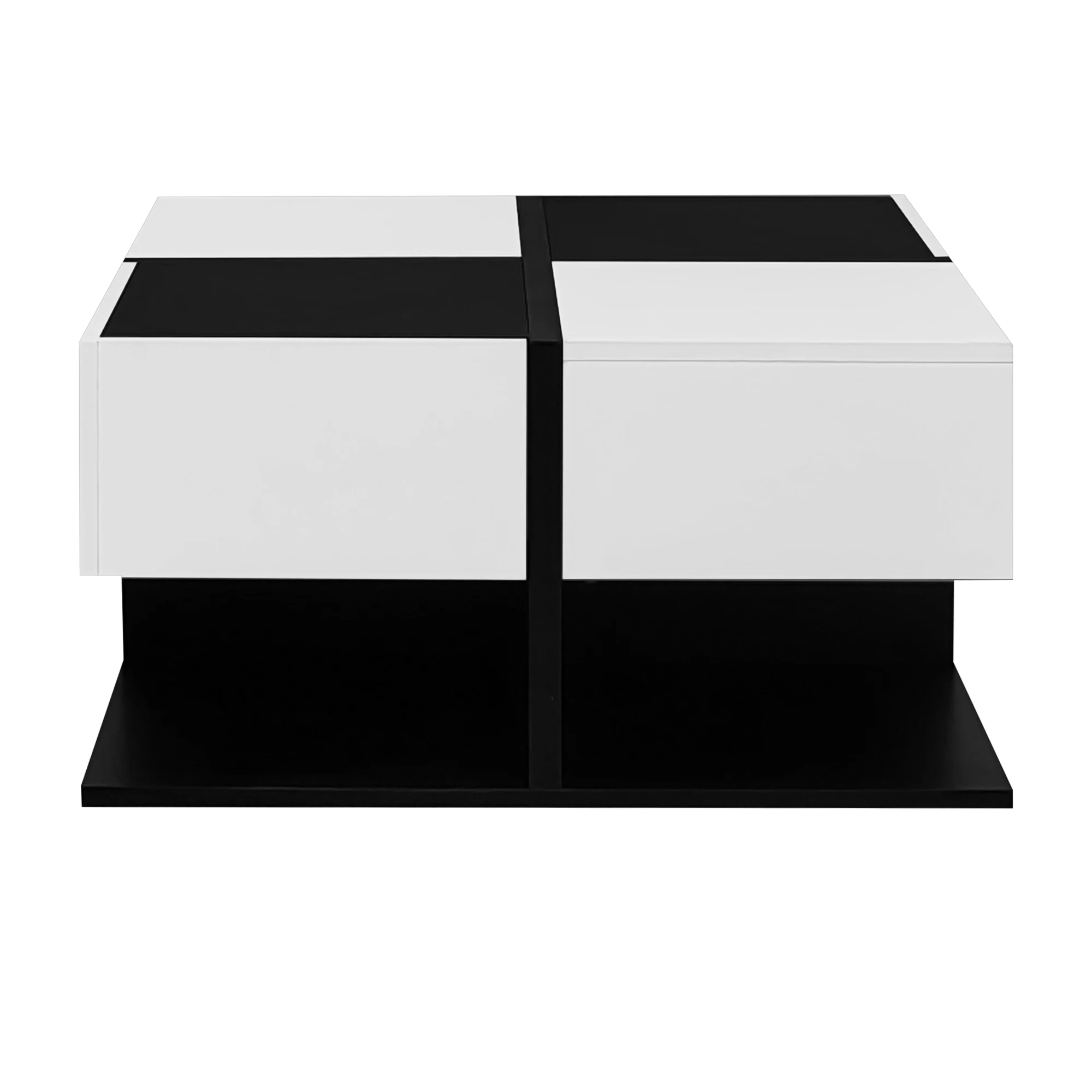 PINGGO Modern High-Gloss Coffee Table Black/White 2 Soft-Close Drawers 70x70x35.5cm Square Design Living Room Storage Table