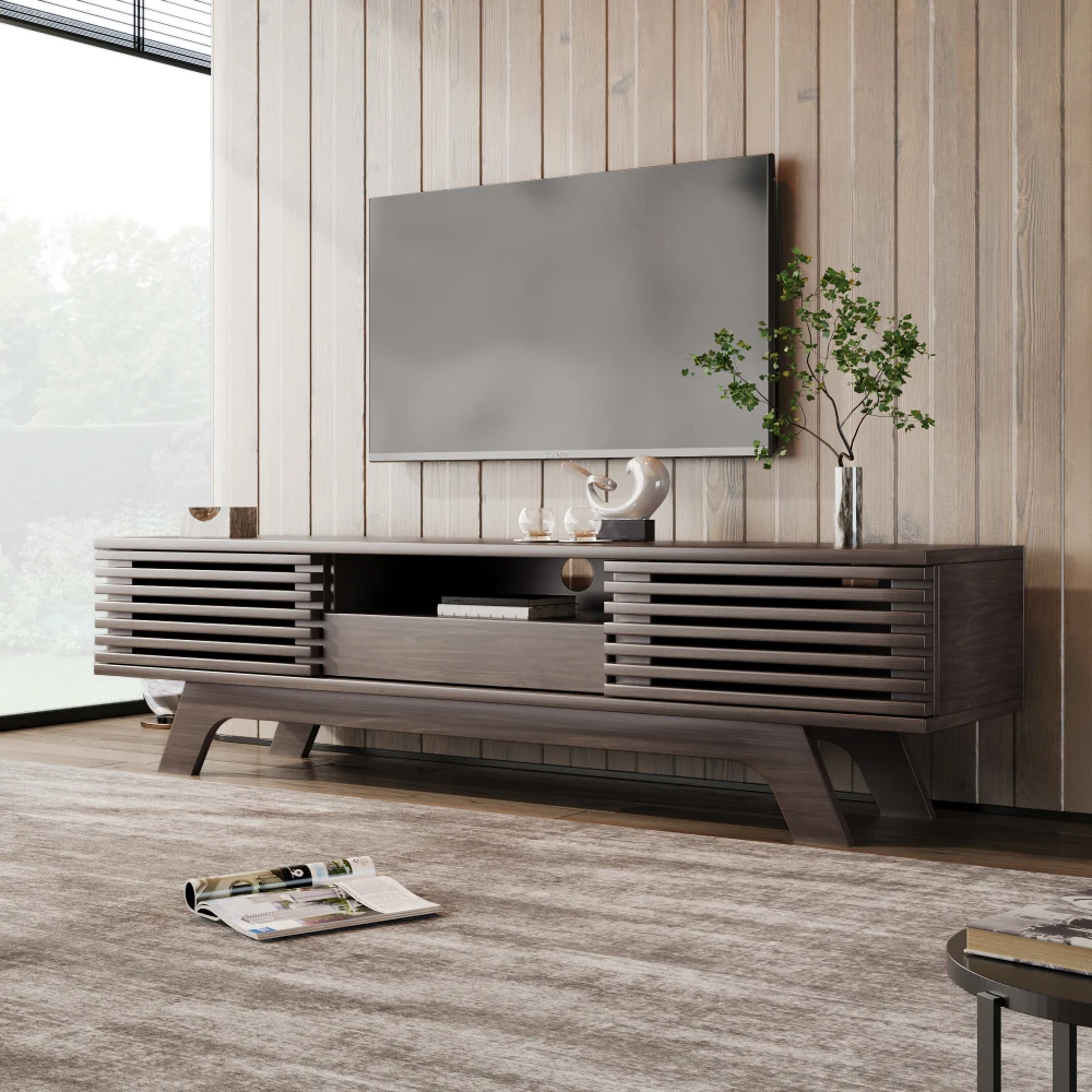 PINGGO Vintage TV Stand Lowboard 150x35x44cm with One Drawer Two Doors Unique Design Wood Color Living Room Storage Cabinet