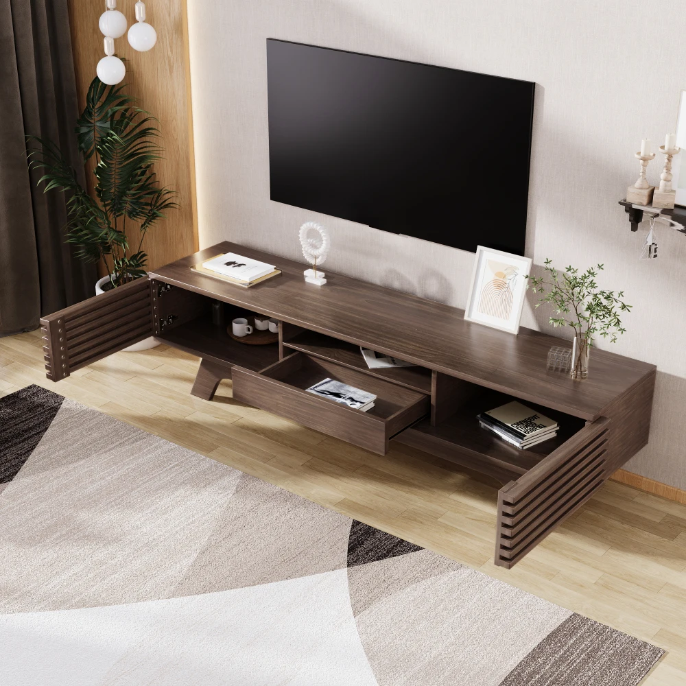 PINGGO Vintage TV Stand Lowboard 150x35x44cm with One Drawer Two Doors Unique Design Wood Color Living Room Storage Cabinet