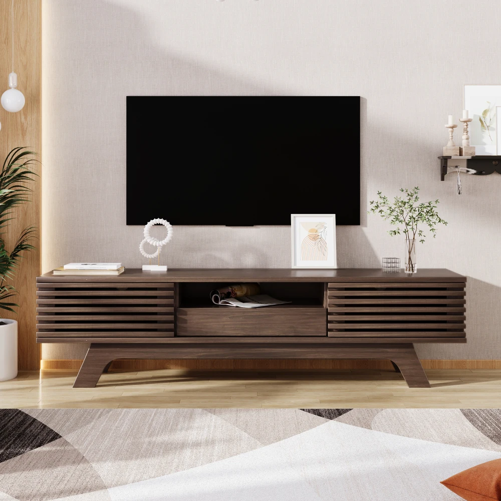 PINGGO Vintage TV Stand Lowboard 150x35x44cm with One Drawer Two Doors Unique Design Wood Color Living Room Storage Cabinet