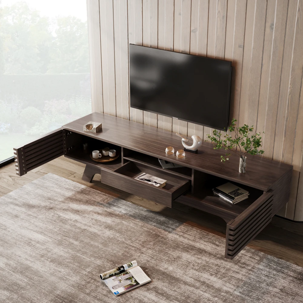 PINGGO Vintage TV Stand Lowboard 150x35x44cm with One Drawer Two Doors Unique Design Wood Color Living Room Storage Cabinet