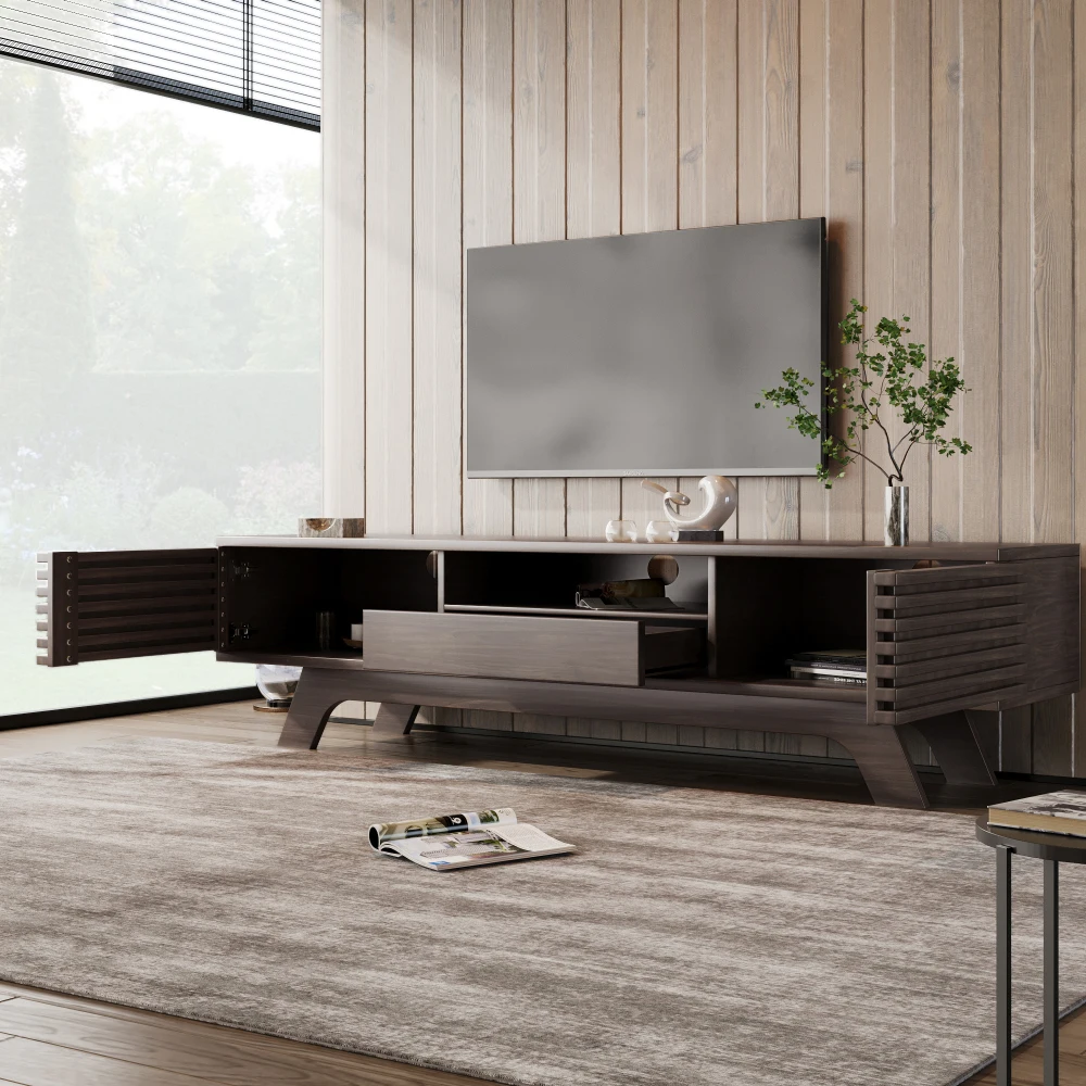 PINGGO Vintage TV Stand Lowboard 150x35x44cm with One Drawer Two Doors Unique Design Wood Color Living Room Storage Cabinet