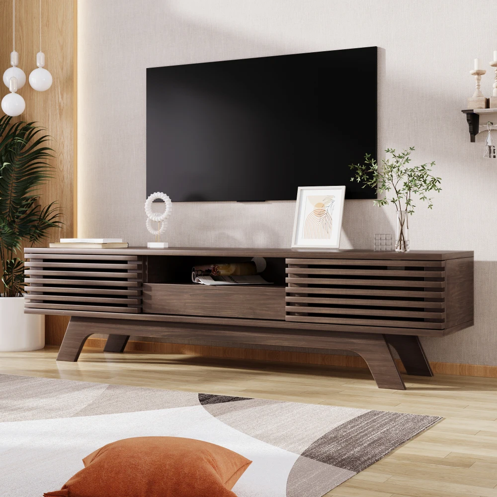 PINGGO Vintage TV Stand Lowboard 150x35x44cm with One Drawer Two Doors Unique Design Wood Color Living Room Storage Cabinet
