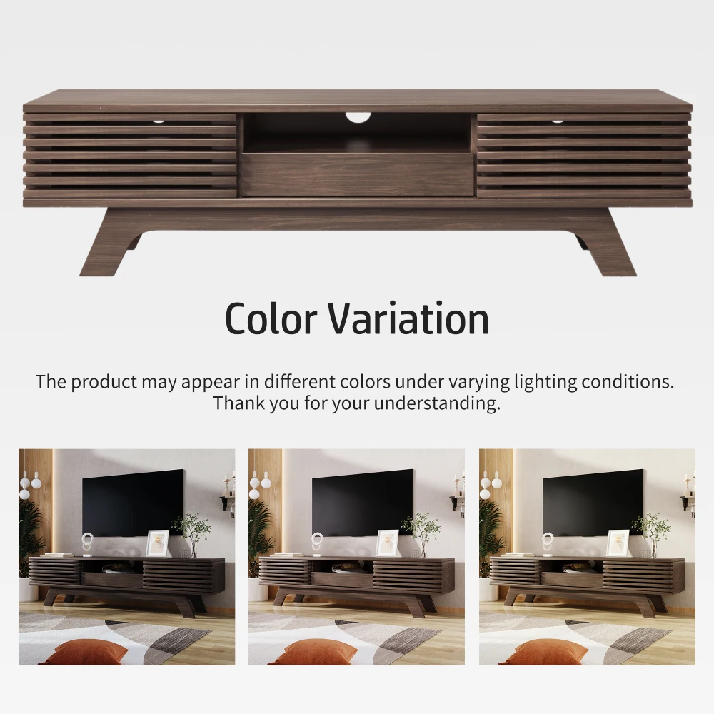 PINGGO Vintage TV Stand Lowboard 150x35x44cm with One Drawer Two Doors Unique Design Wood Color Living Room Storage Cabinet