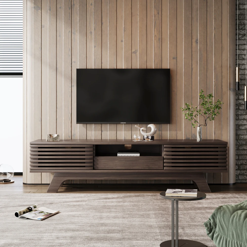 PINGGO Vintage TV Stand Lowboard 150x35x44cm with One Drawer Two Doors Unique Design Wood Color Living Room Storage Cabinet