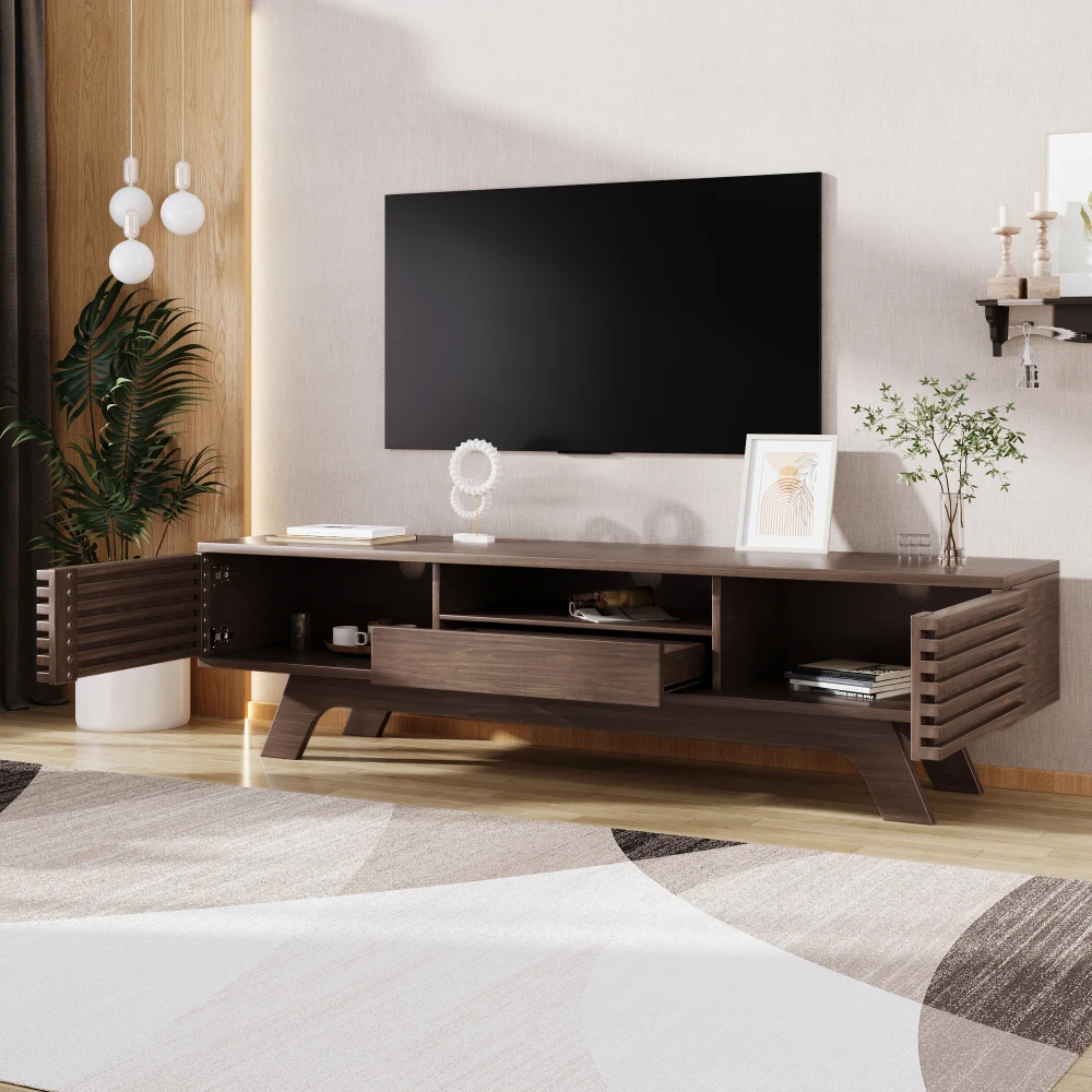 PINGGO Vintage TV Stand Lowboard 150x35x44cm with One Drawer Two Doors Unique Design Wood Color Living Room Storage Cabinet