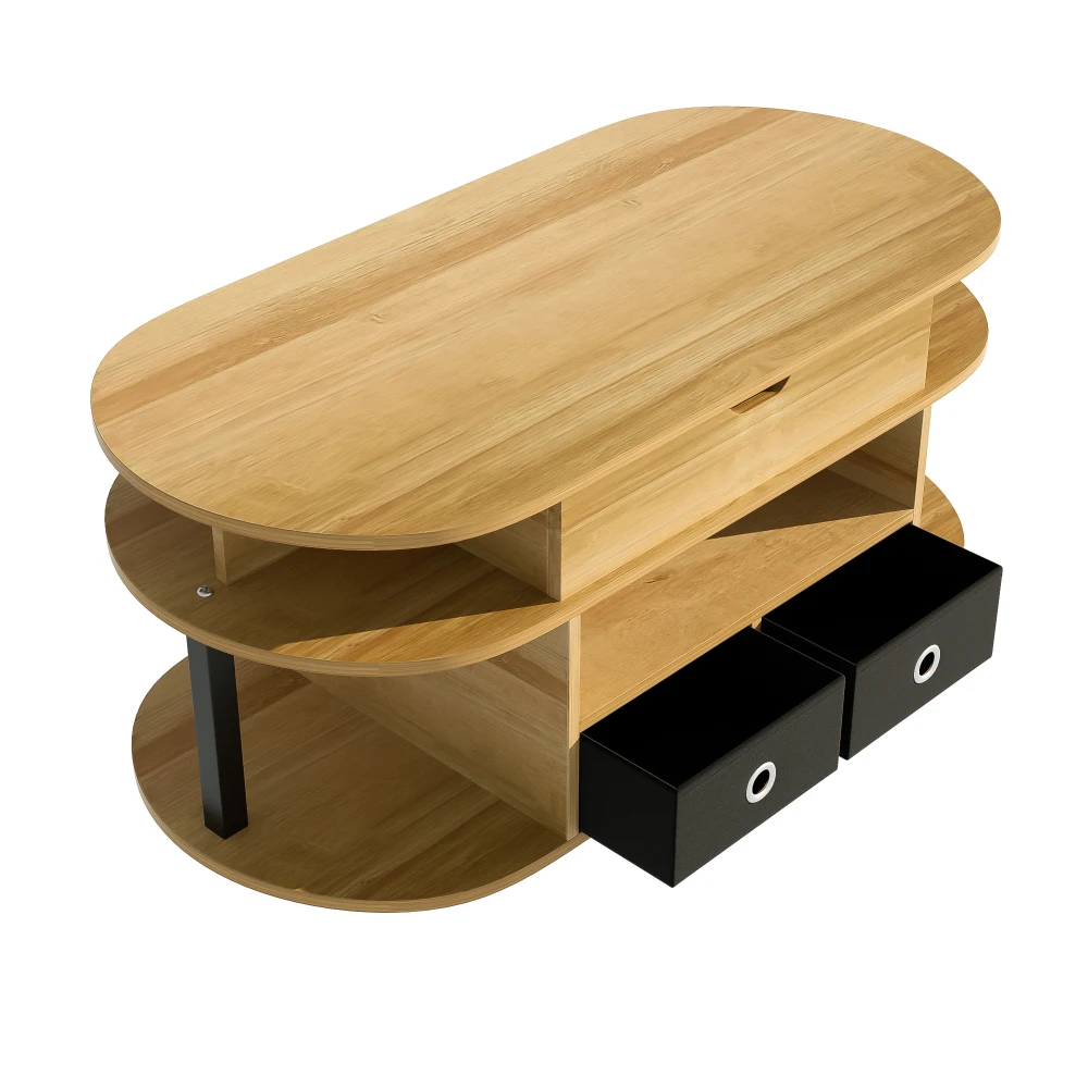 PINGGO Modern Wood Coffee Table Lifting Function Storage Space Black Fabric Drawers for Living Room Office