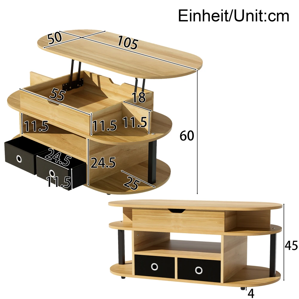 PINGGO Modern Wood Coffee Table Lifting Function Storage Space Black Fabric Drawers for Living Room Office