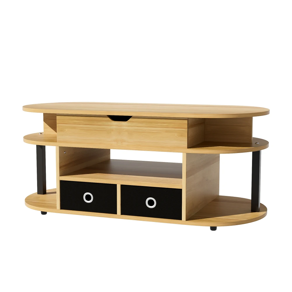 PINGGO Modern Wood Coffee Table Lifting Function Storage Space Black Fabric Drawers for Living Room Office