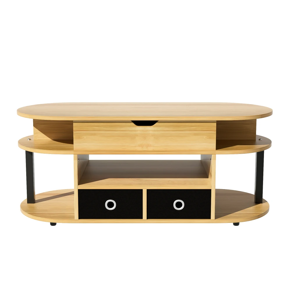 PINGGO Modern Wood Coffee Table Lifting Function Storage Space Black Fabric Drawers for Living Room Office