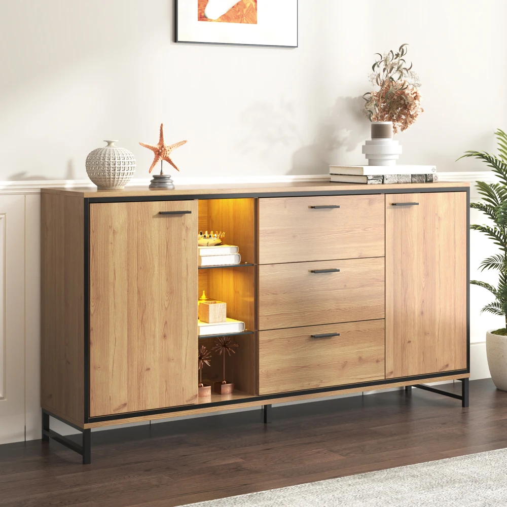 PINGGO Modern Wooden Side Cabinet with Three Drawers - Elegant Carved Storage Console - Stylish And Practical Home Furniture