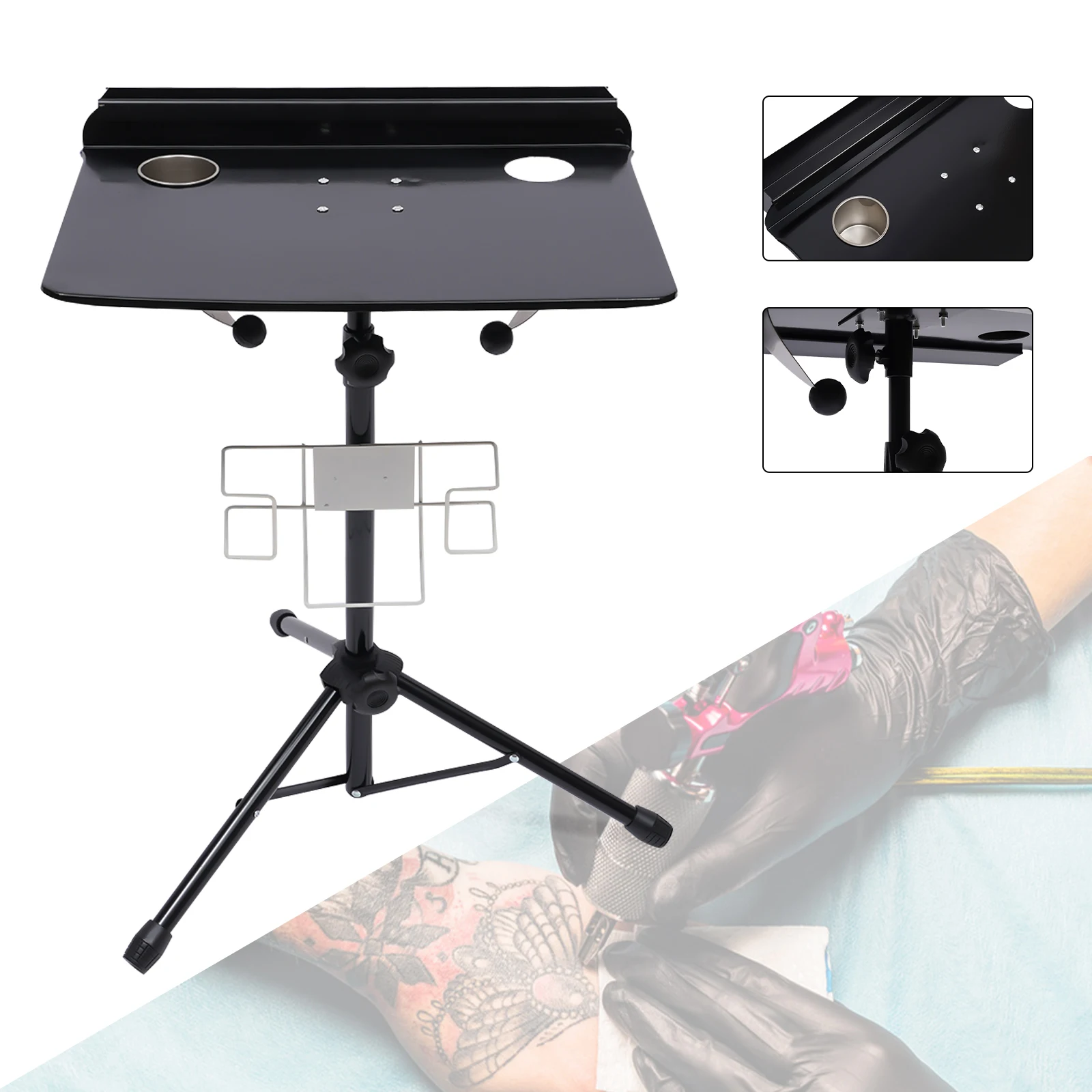 Height Adjustable Desk Stable Tattoo Work Station Collapsible Tripod Tray Stand Workbench Black