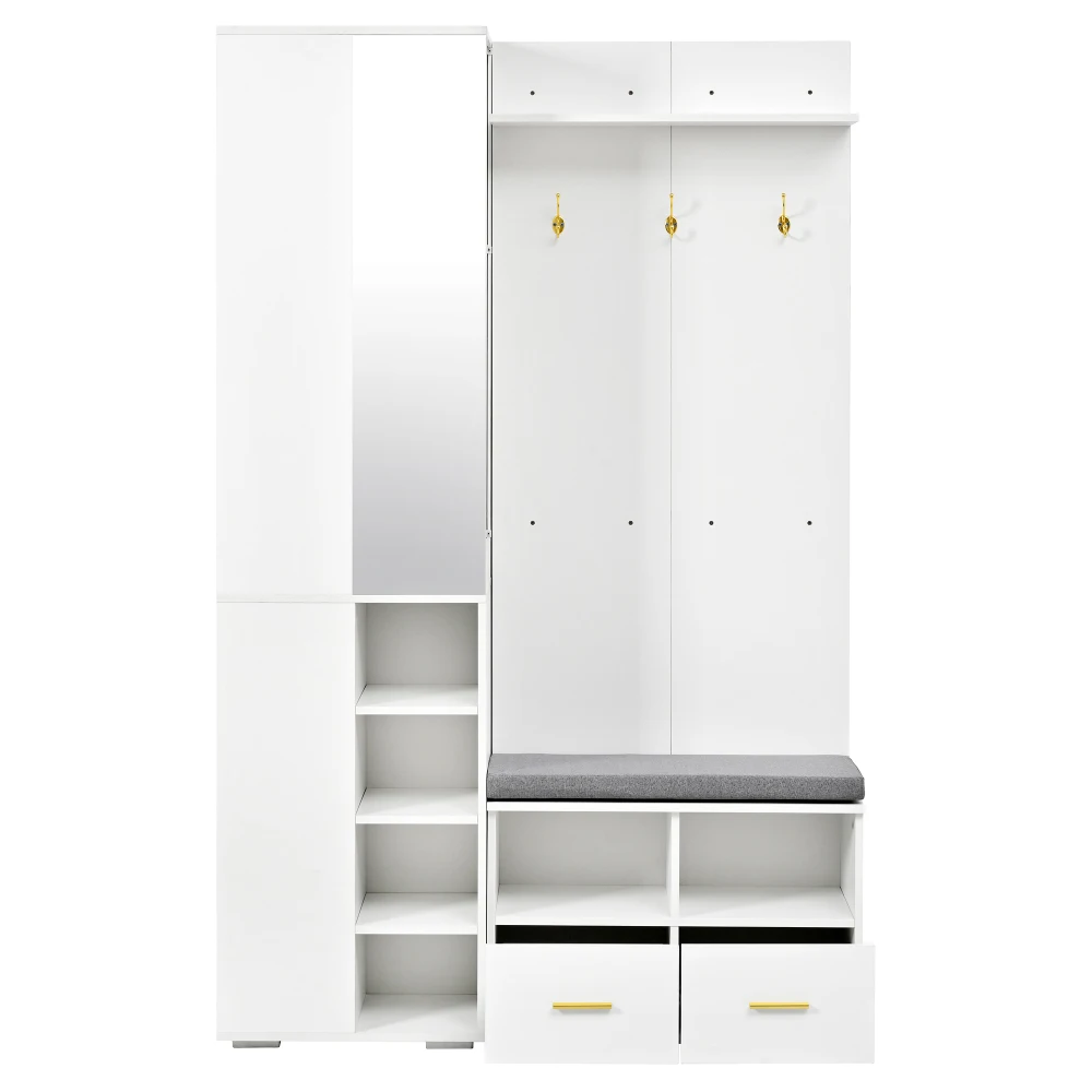 PINGGO White Wall Wardrobe Set with Mirror Shoe Bench 3 Hooks 2 Drawers Storage 120x35x190cm
