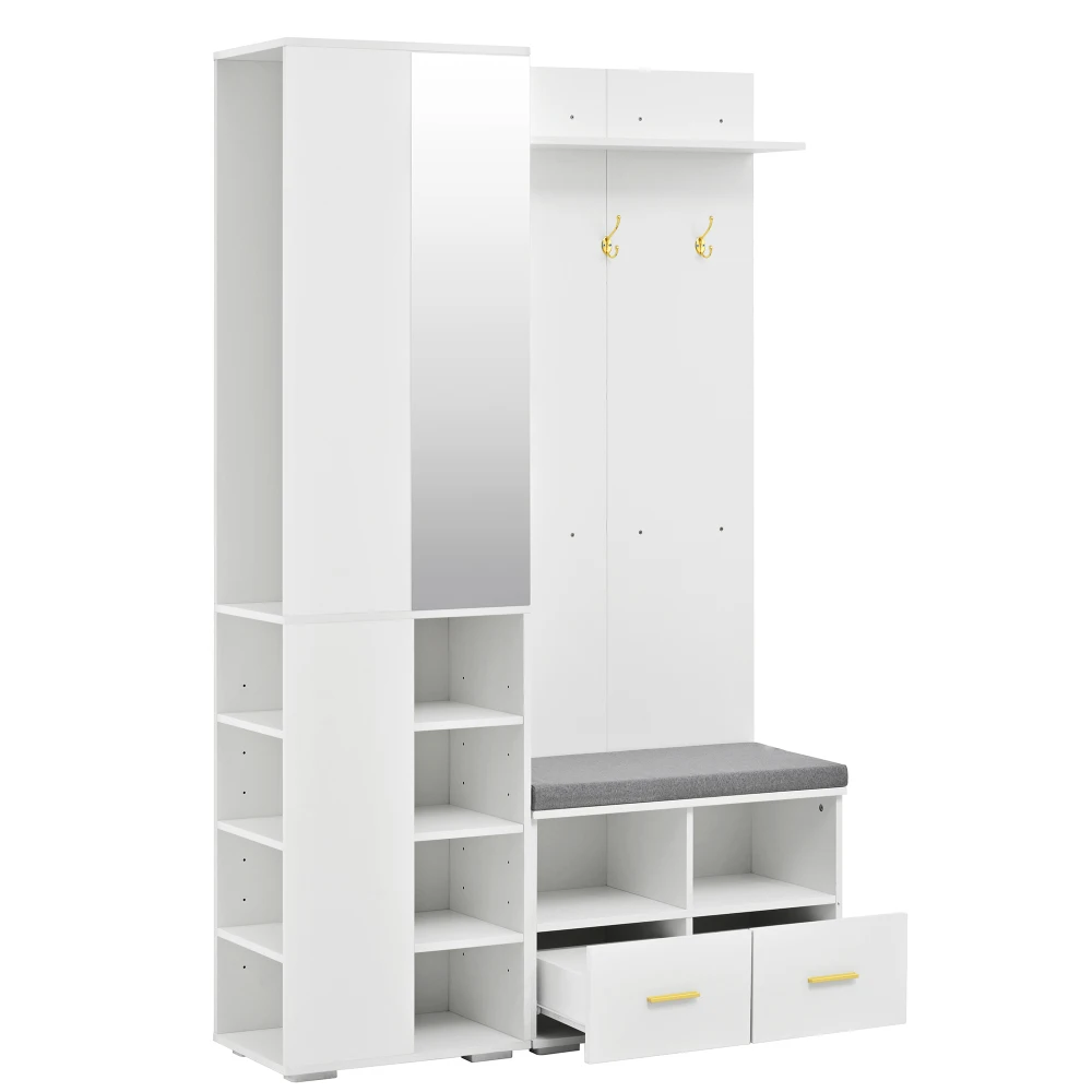 PINGGO White Wall Wardrobe Set with Mirror Shoe Bench 3 Hooks 2 Drawers Storage 120x35x190cm