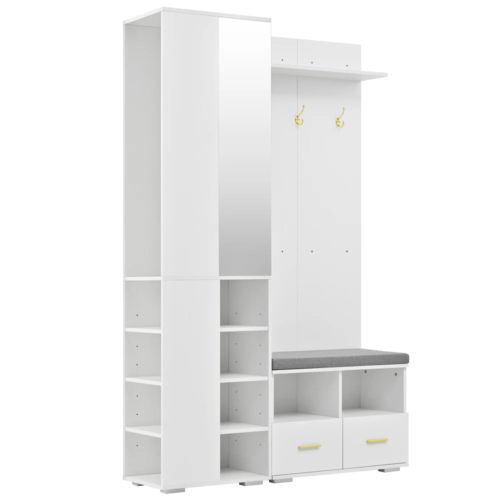 PINGGO White Wall Wardrobe Set with Mirror Shoe Bench 3 Hooks 2 Drawers Storage 120x35x190cm